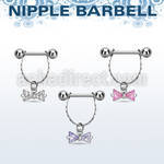 npdl25 steel nipple barbell w chain cubic zirconia bow 