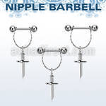 npdl47 steel nipple barbell w 5mm balls  small chain w dagger