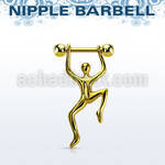 nptd7 gold pvd plated steel nipple barbell, 14g w hanging man 