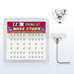 nszbhc box of silver nose studs with 3mm heart prong cz