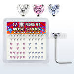 nszbhm silver nose studs w heart assorted color prong cz