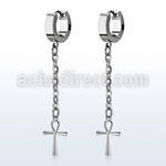 pair of steel huggies earrings w dangling ankh crosses 
