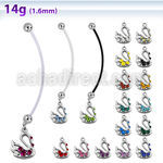 pnd472 pregnancy belly ring w dangling swan with crystals
