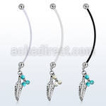 pnd601b pregnancy belly ring w dangling feather turquoise balls