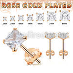 rpqz one pair rose gold plated silver ear studs square cz