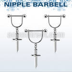 snpod26 steel nipple stirrup 14g  w 5mm balls & dangling dagger