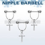 steel nipple barbell w small chain & dangling ankh cross