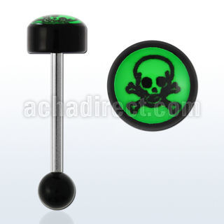 bbvg3 barbell lengua acero quirurgico 316l acrilica redonda 8mm logo calavera huesos cruzados fondo verde 16mm venta