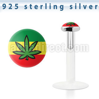 bilg49 labret bio flexible transparente plata esterlina presion 3mm hoja marihuana verde fondo rayas rasta venta