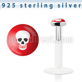 bilg52 labret bio flexible transparente plata esterlina presion 3mm logo calavera blanca fondo rojo venta