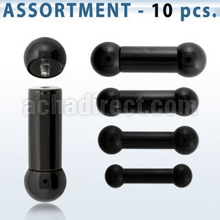blk389 surtido piercings 10 barbells lengua acero 316l pvd negro bolas rosca interna distribuidor