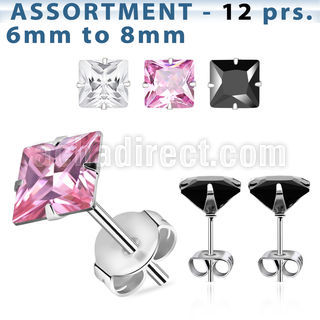 blk61 surtido piercings 12 pares piercings oreja acero quirurgico zirconia cuadrada 6mm 8mm al por mayor