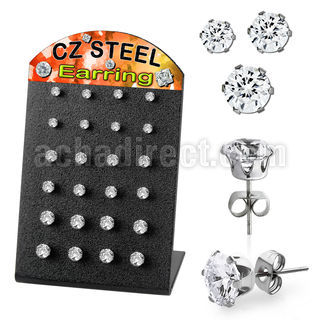 bresz2 display 12 pares piercings oreja acero inoxidable zirconia redondas claras 3mm 5mm distribuidor mayorista