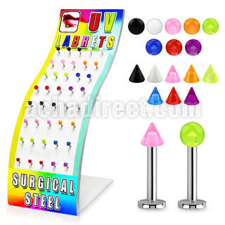 brmlb10 display 40 labrets acero quirurgico bolas conos acrilico uv 3mm 8mm distribuidor mayorista