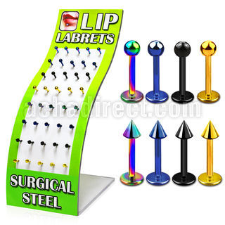 brmlb9 display 40 labrets acero quirurgico anodizado bolas conos 3mm 8mm venta