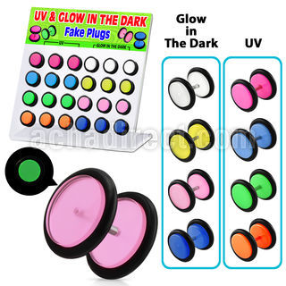 dacb42 display 24 plugs falsos acrilico uv brillan oscuridad anillos goma 8mm venta