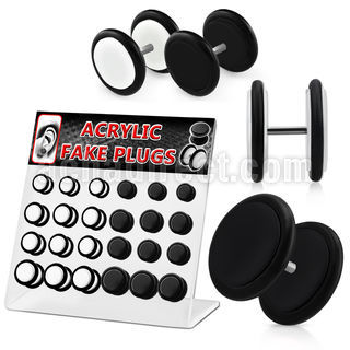 dacb49 display 24 plugs falsos acrilicos negros blancos anillos goma mayorista