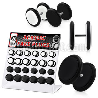 dacb51 display 24 plugs falsos acrilicos negro blanco anillos goma 8mm 10mm mayorista