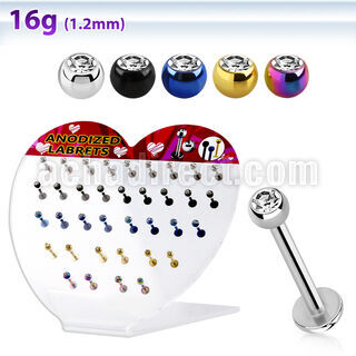 dacb67 display corazon acrilico 36 labrets acero quirurgico anodizado bola joya visel 3mm cristal claro 8mm distribuidor