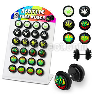 dilvg1 display 24 plugs falsos acrilico negro logos variados marihuana anillos goma 8mm distribuidor