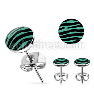 er234 par piercings oreja acero inoxidable logo cebra negra azul 7mm venta