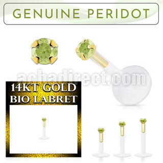 gbige4 labret bio flexible transparente presion oro 14 kts peridoto legitimo 2mm mayorista