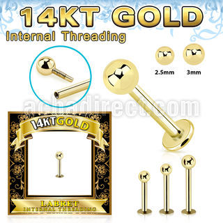 glbbi 14k gold labret 16g plain ball top internal