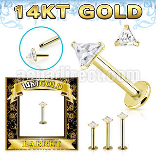 glbzt 14k gold labret 3mm prong set triangle cubic zirconia (cz) stone
