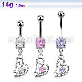 mcdz373 piercing ombligo acero quirurgico bola doble joya bisel 5 8mm doble corazon colgado zirconia redonda 10mm mayorista
