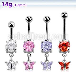 mcdz589 piercing ombligo acero quirurgico bola 8mm joya bisel colgante mariposa zirconia engastada distribuidor mayorista