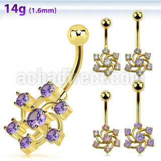 mdgz347 piercing ombligo acero 316l anodizado dorado flor remolino zirconia venta