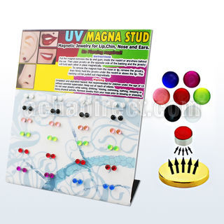 mg106 display 48 piercings labret falsos magneficos acrilico uv 3mm media bola venta
