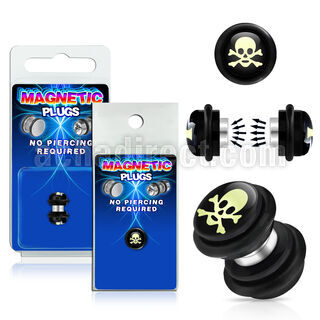 pkmp80 plug falso magnetico acrilico negro logo calavera blanca fondo negro anillos goma 8mm 1 pieza mayorista