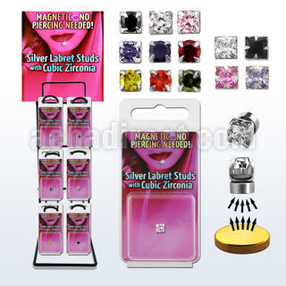 rkpkmz estante 72 piercings labret magneticos plata variados con zirconia redonda 3mm zirconia cuadrada 4mm venta