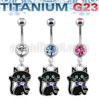 umcd503 piercing ombligo titanio g23 bolas joya bisel 5mm 8mm gato negro colgado cristal lazo 10mm distribuidor