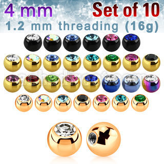 xjbt4s pack 10 bolas acero quirurgico anodizado 4mm cristal bisel rosca al por mayor