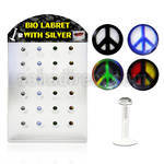 brlbi24 display 24 labrets transparentes bio flexibles plata esterlina presion 3mm logos variados paz 8mm al por mayor