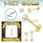 glfzx 14k gold labret round clear cz push pin prong flower