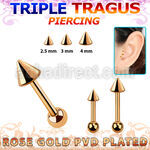 hexttbcn piercing tragus triple acero pvd oro rosa cono 2 5mm 4mm bola 3mm venta